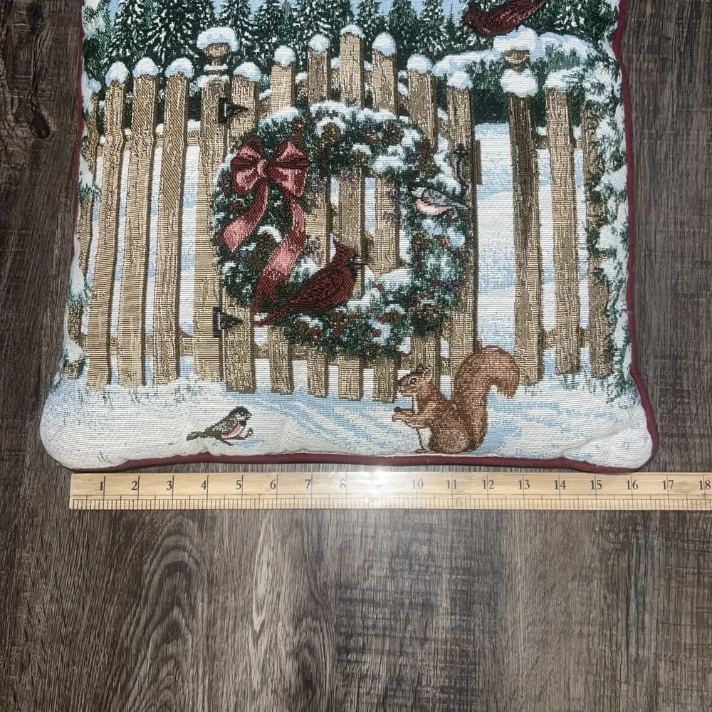 2 Tapestry Christmas Throw Pillows Snowman And Winter Scene